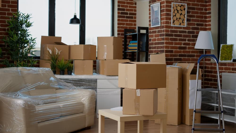 Cardboard moving boxes stacked for temporary relocation storage